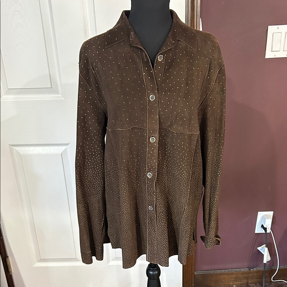 Vtg Robert Cavalli designer brown suede rhinestone bling festival shirt M